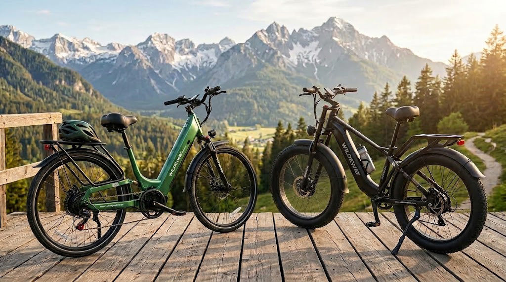 Wildeway CS5 27.5-inch full suspension e-bike and Wildeway Soared fat tire full suspension e-bike side-by-side in the European Alps.