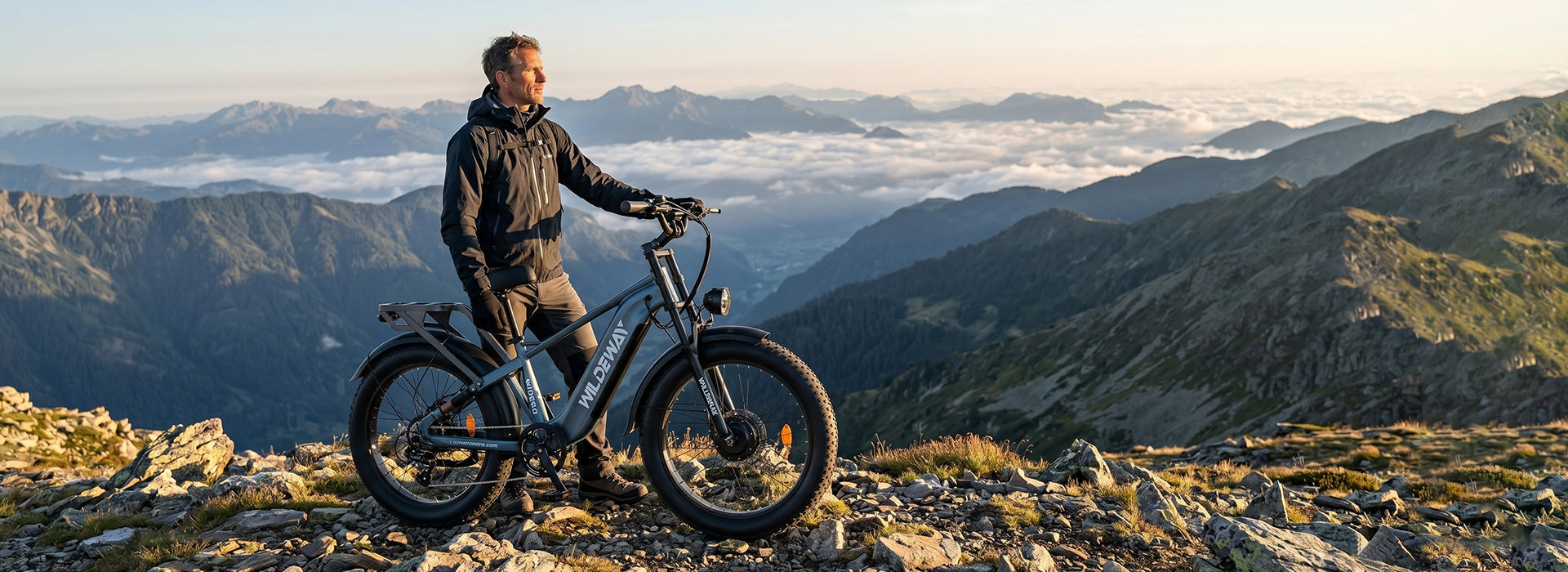 A Wildeway e-bike parked at a scenic viewpoint during a summer day trip, illustrating the ultimate guide to planning an e-bike adventure in Europe