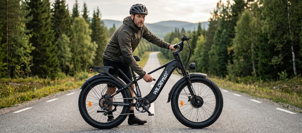 Close-up of a rider inserting the high-capacity removable battery into the WILDEWAY SOARED dual-motor e-bike for a long-range ride.
