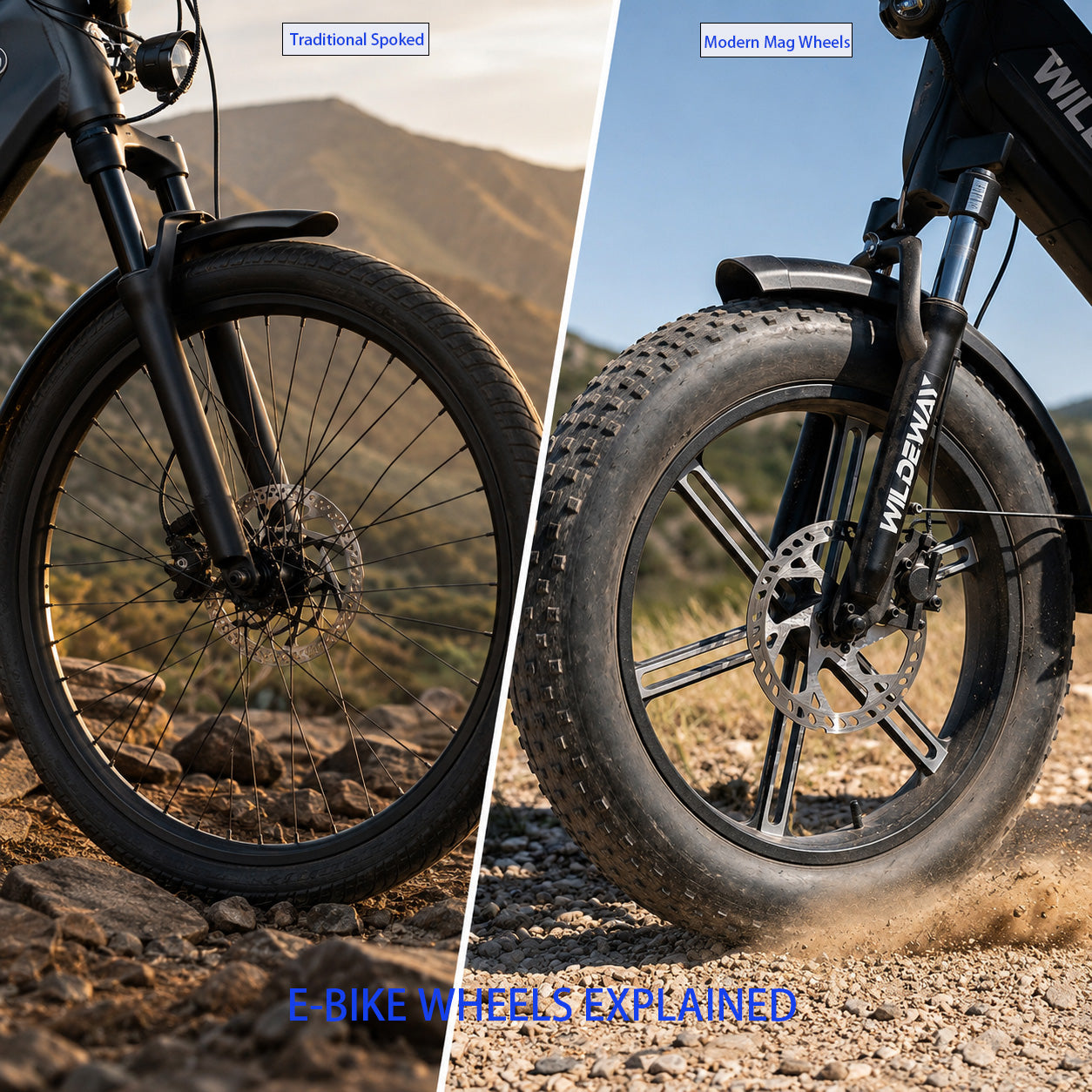 Side-by-side comparison of traditional spoked ebike wheels versus modern 5-spoke mag wheels found on the WILDEWAY Torpedo fat tire ebike.