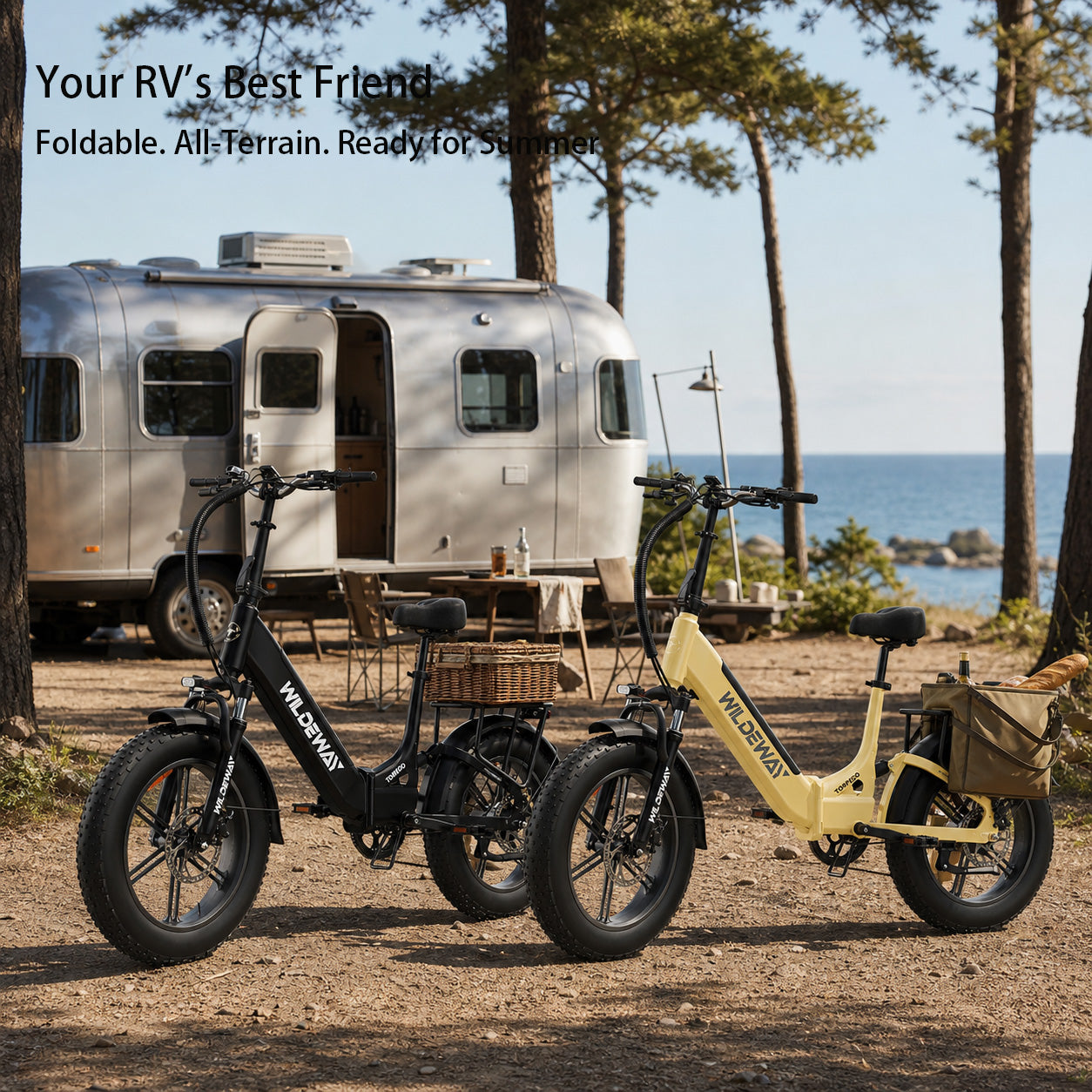 Alt Text: "A black WILDEWAY Torpedo folding fat tire e-bike parked next to a campervan at a summer campsite, ready for a road trip adventure