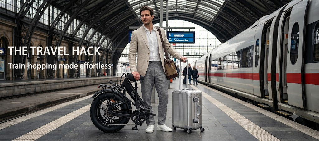 A traveler standing on a European train station platform with their luggage and a compactly folded black WILDEWAY Torpedo e-bike, ready for multi-modal travel.
