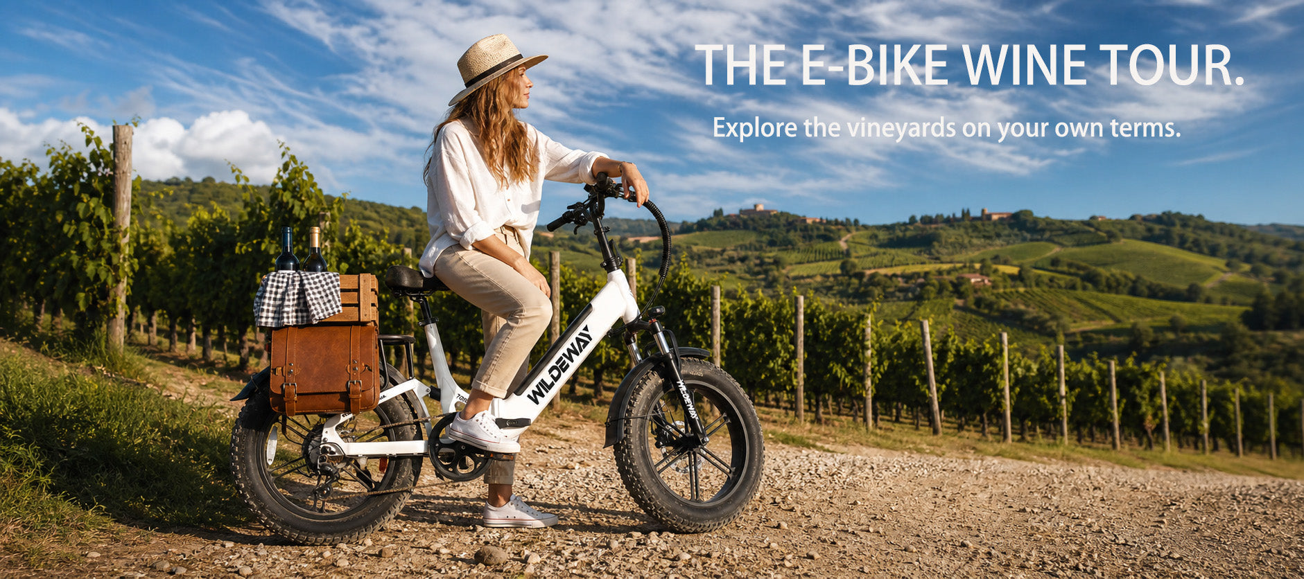 A black WILDEWAY Torpedo all-terrain e-bike parked on a gravel path in a sunny European vineyard, with bottles of wine securely packed on the rear cargo rack.