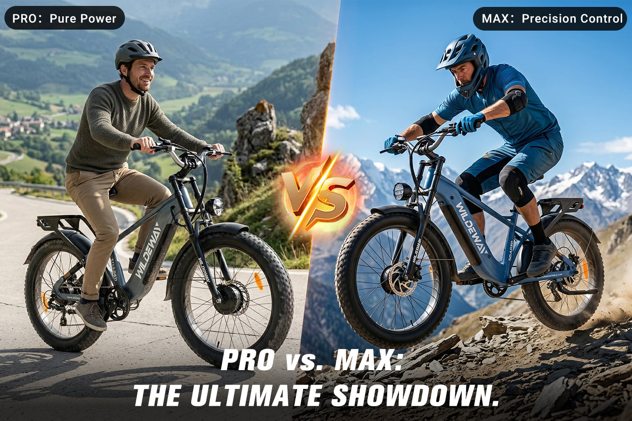 WILDEWAY SOARED Pro vs Max, Torque vs Cadence sensor ebike, AWD fat tire ebike comparison, buy dual motor ebike Europe.