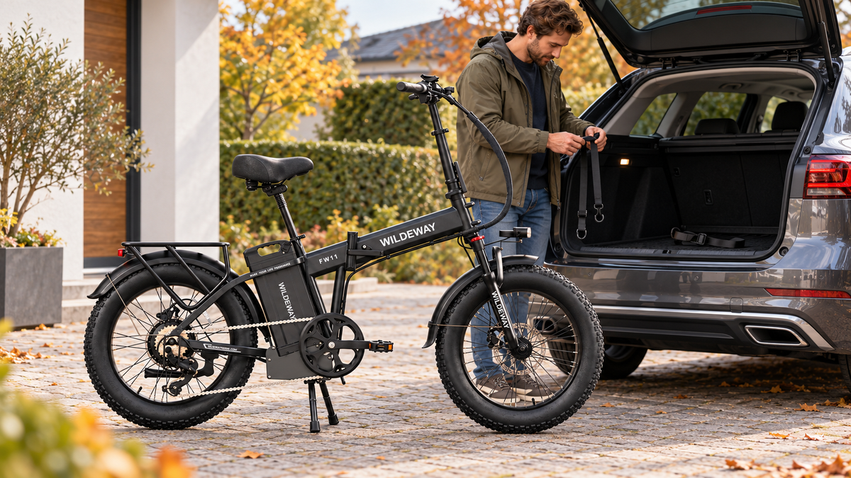 Black WILDEWAY FW11 Pro beside an open car boot on a private autumn driveway.
