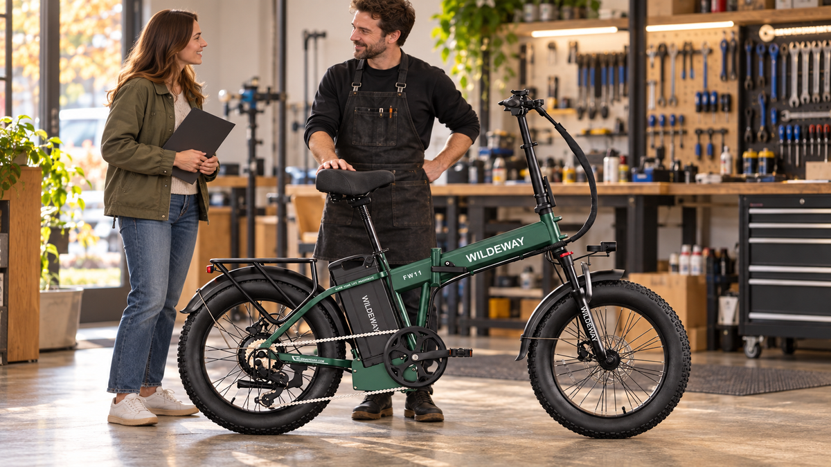 Customer discussing a service appointment with a mechanic beside a green WILDEWAY FW11 Pro folding e-bike.