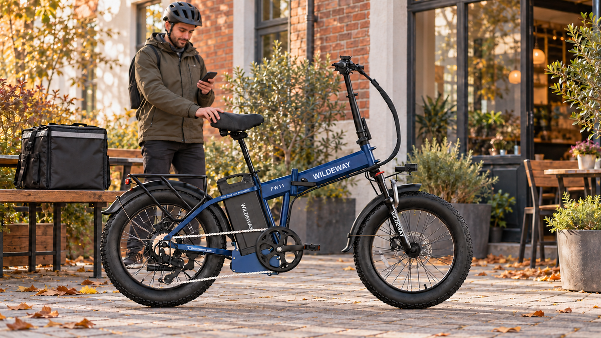 Helmeted courier planning a delivery shift beside a blue WILDEWAY FW11 Pro in a European restaurant courtyard.