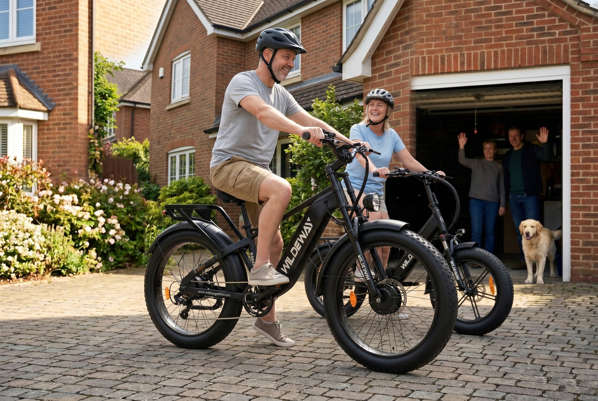A couple with their two Wildeway e-bikes, the Soared for off-road adventures and the Torpedo for city commuting, representing the perfect two-bike solution.
