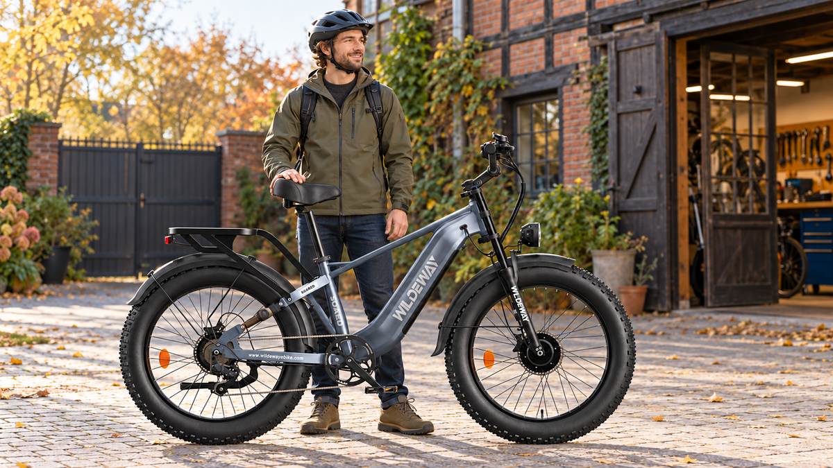 Helmeted adult holding a grey WILDEWAY SOARED beside a workshop before a test ride in a private European courtyard.
