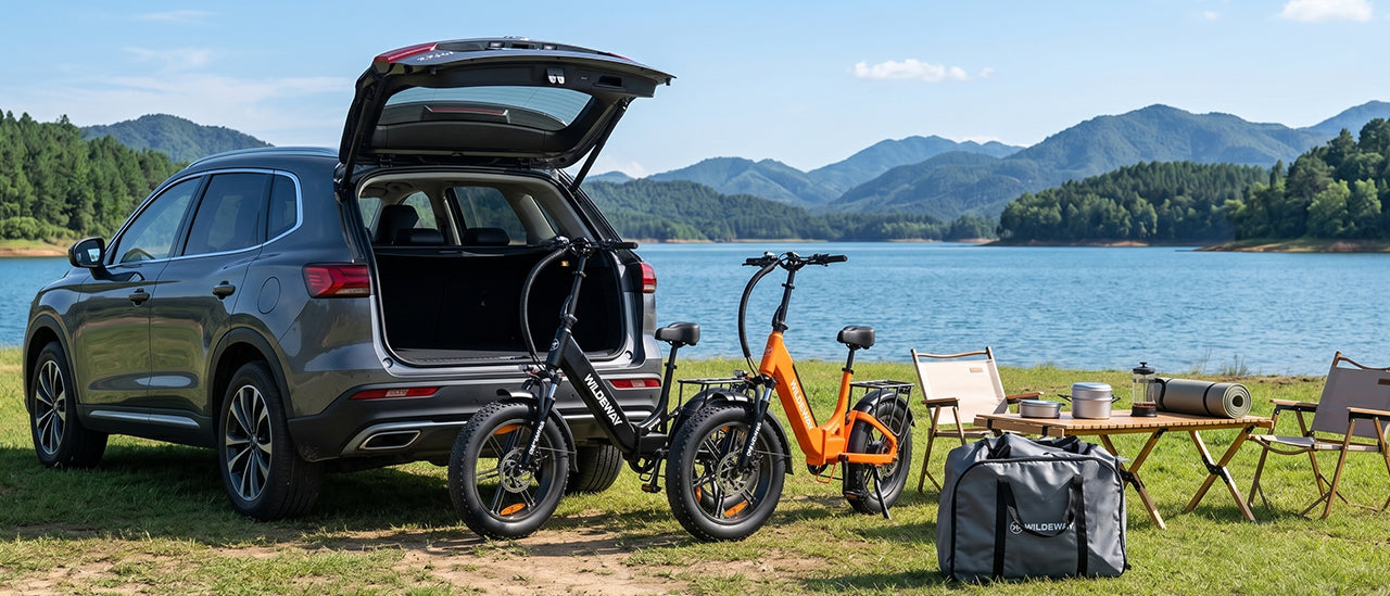 The versatile Wildeway Torpedo foldable fat tire e-bike shown in a setting that combines city life and outdoor camping, highlighting its multi-purpose design.