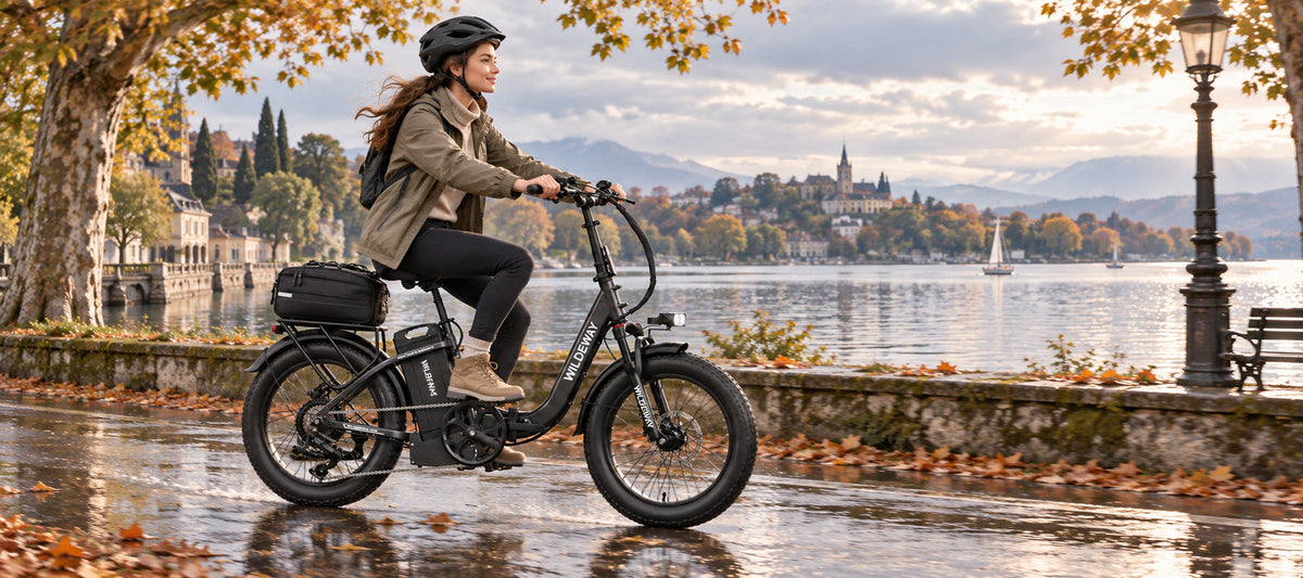 Woman riding a WILDEWAY FW11S 3.0 Pro step-through folding e-bike on a wet European cycle path in autumn