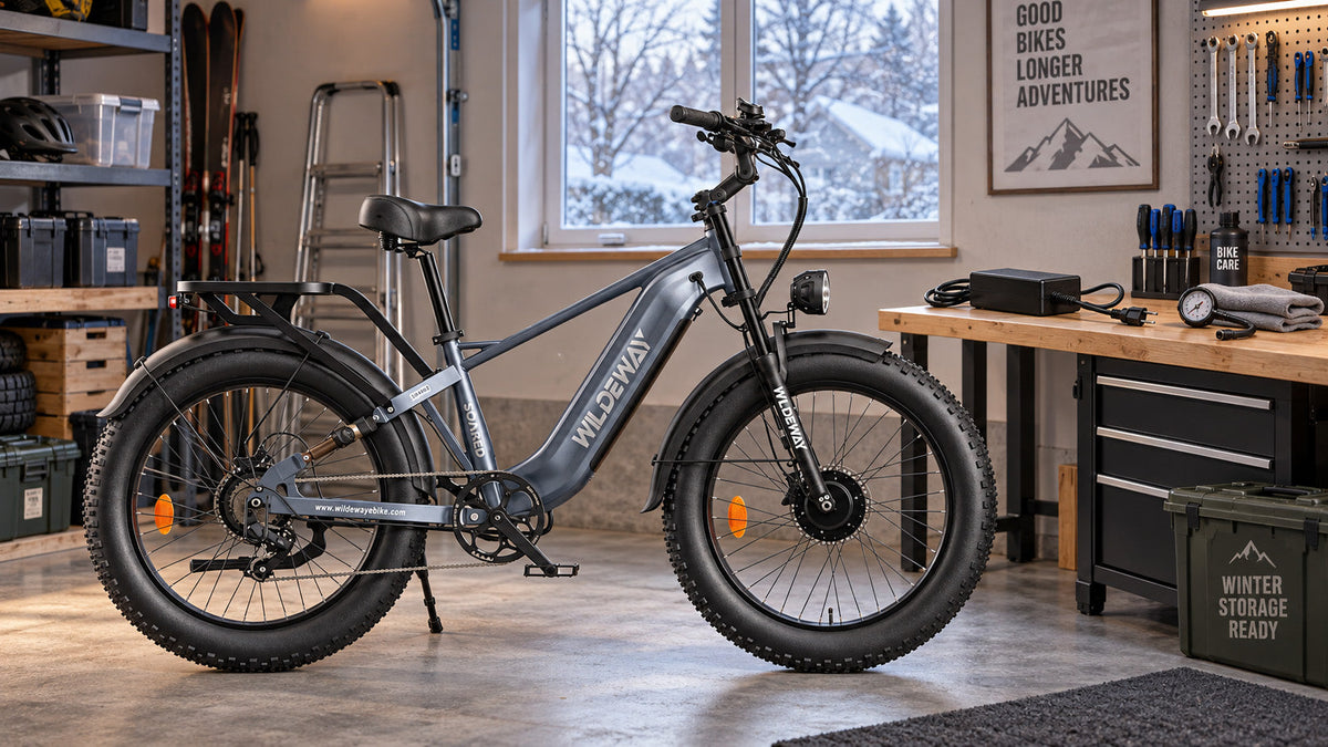 Fat-tyre electric bike prepared for winter storage in a clean European garage