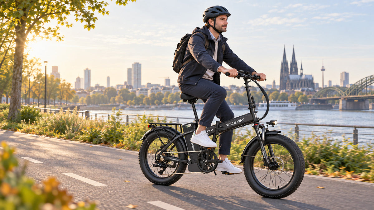 Commuter riding a WILDEWAY FW11 3.0 Pro step-over folding e-bike on a riverside cycle path in Europe