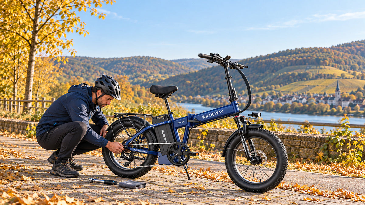 Cyclist checking the source of a noise on a WILDEWAY FW11 Pro electric bike