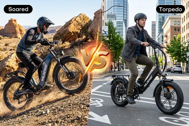 A head-to-head comparison image of the Wildeway Soared all-terrain e-bike versus the Wildeway Torpedo foldable urban e-bike