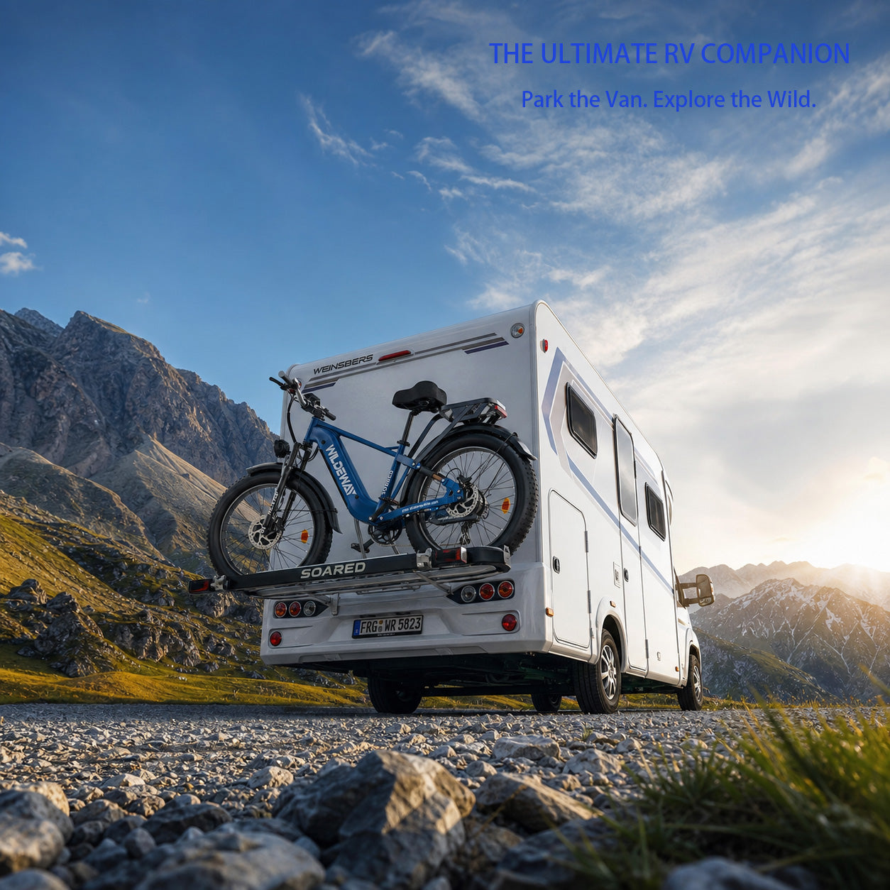 WILDEWAY SOARED AWD fat tire e-bike parked next to a campervan in the European wilderness