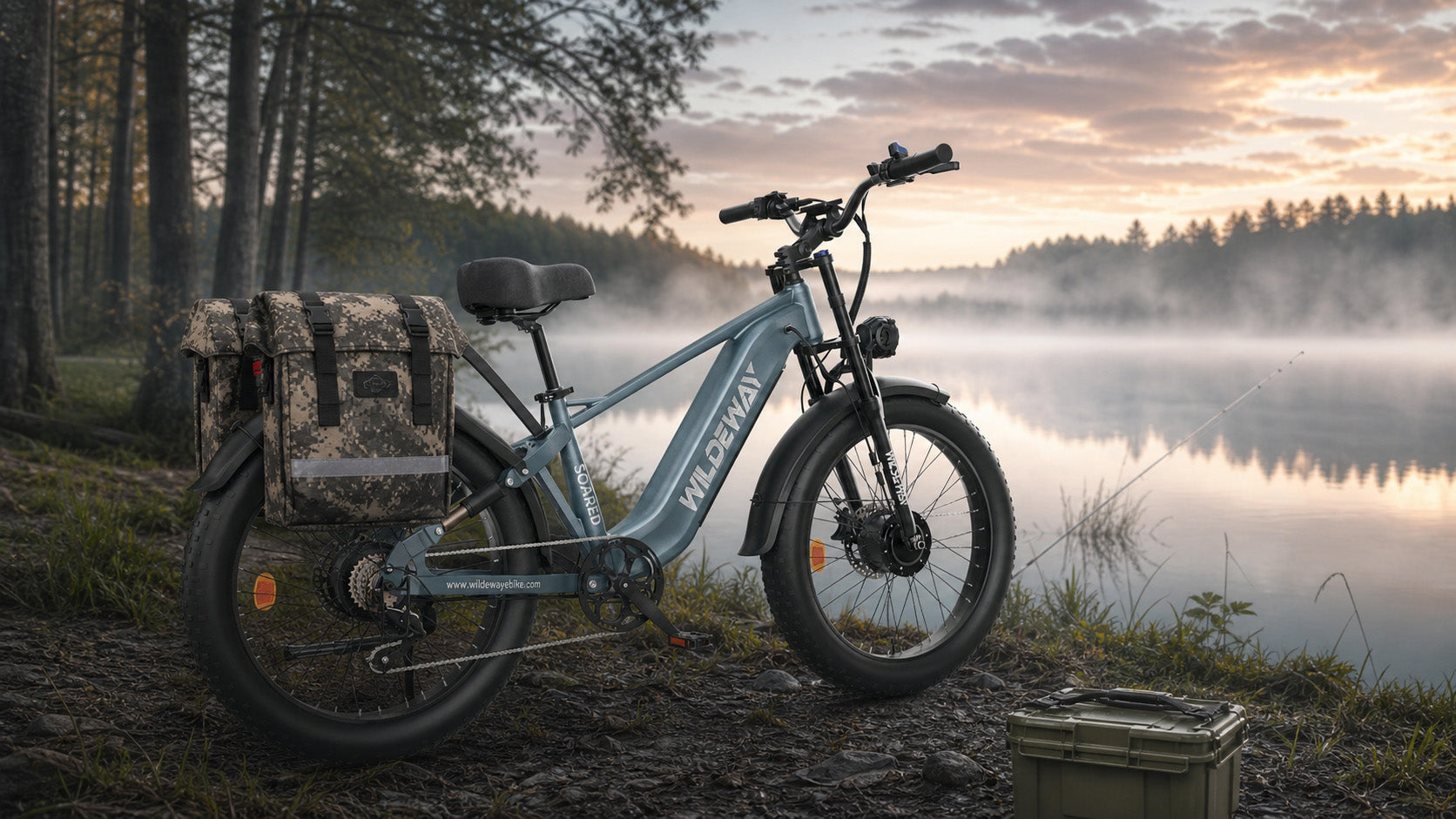 WILDEWAY SOARED AWD hunting e-bike parked in a misty forest at dawn, fully loaded with outdoor gear.