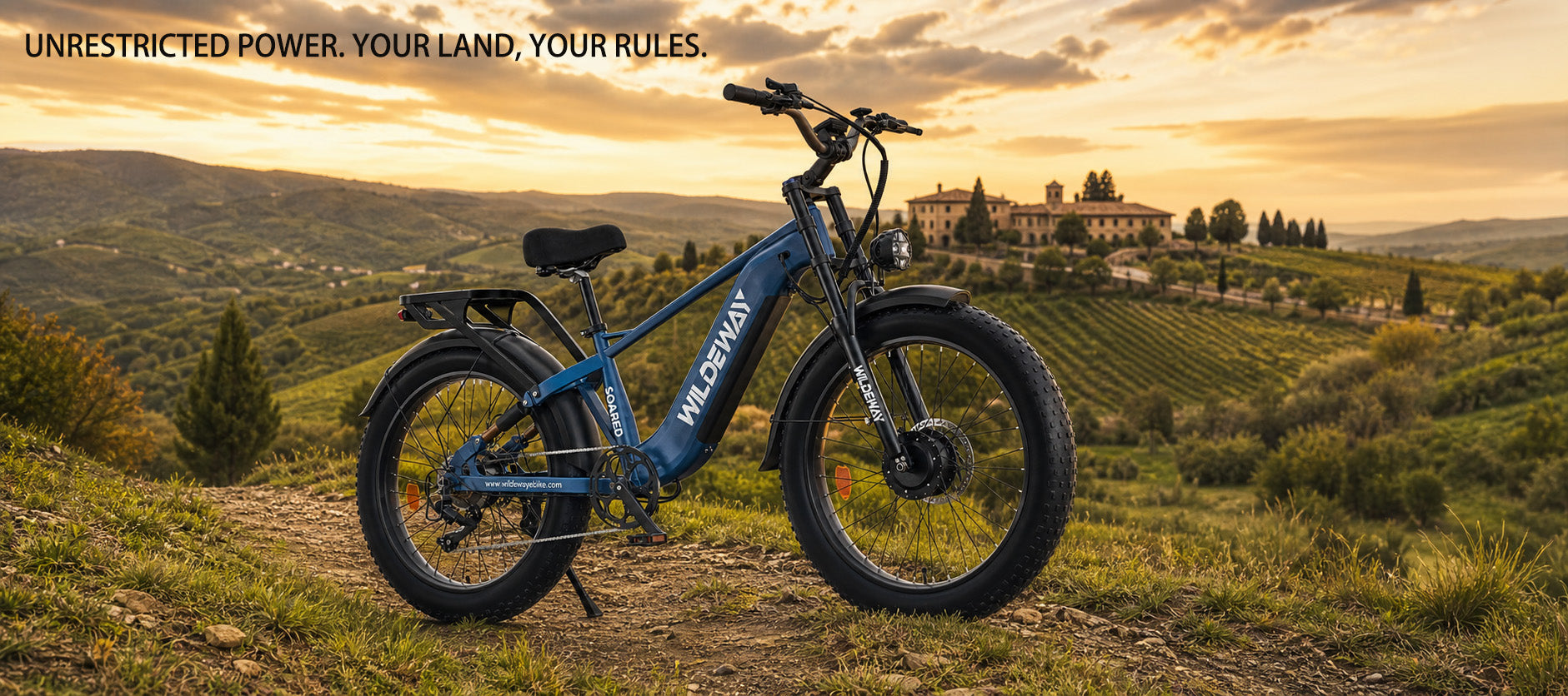 Wildeway Soared Pro Max 2600W high-power AWD fat tire electric bike parked on a private estate trail during sunset.