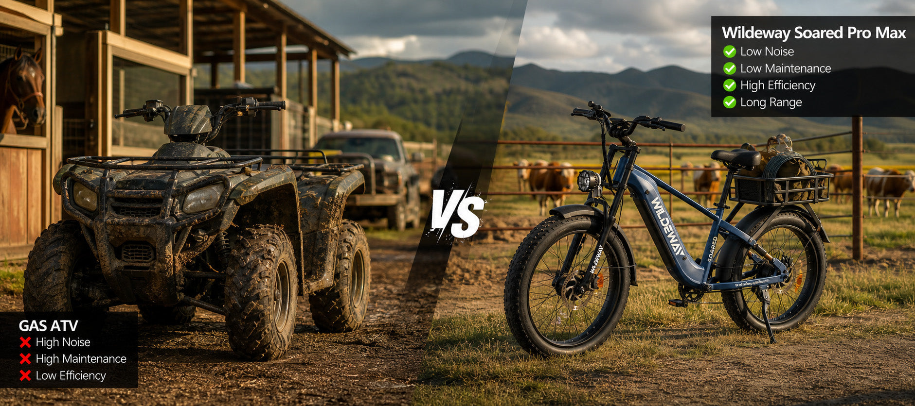 Wildeway Soared Pro Max 2600W AWD e-bike vs traditional petrol ATV on a European farm.
