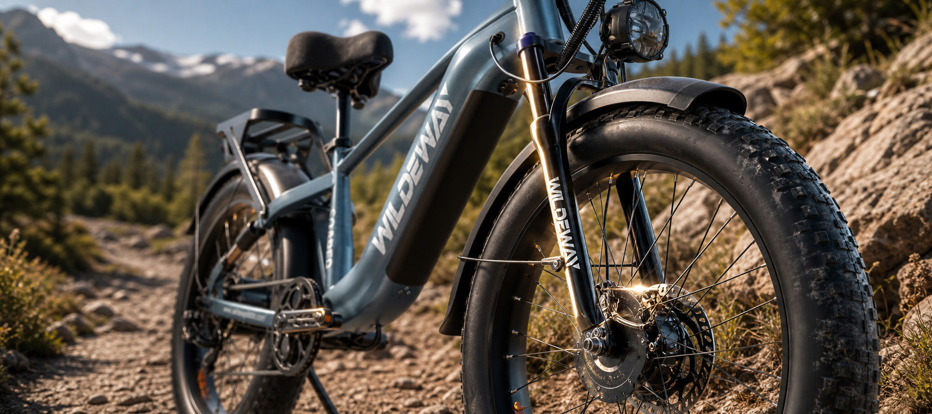 Close-up of Wildeway Soared Pro Max hydraulic disc brakes and dual-crown suspension forks