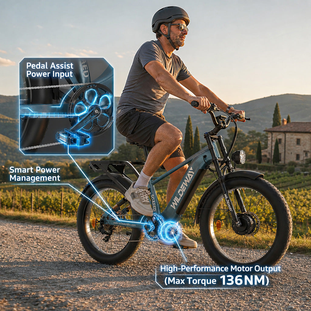  Close-up technical visualization of the torque sensor on the Wildeway Soared Pro Max AWD e-bike.