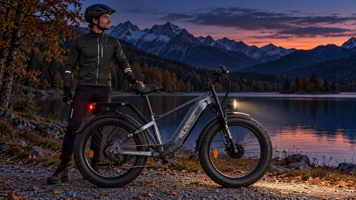 WILDEWAY SOARED-style fat-tyre e-bike with front and rear lights on an autumn European trail at dusk