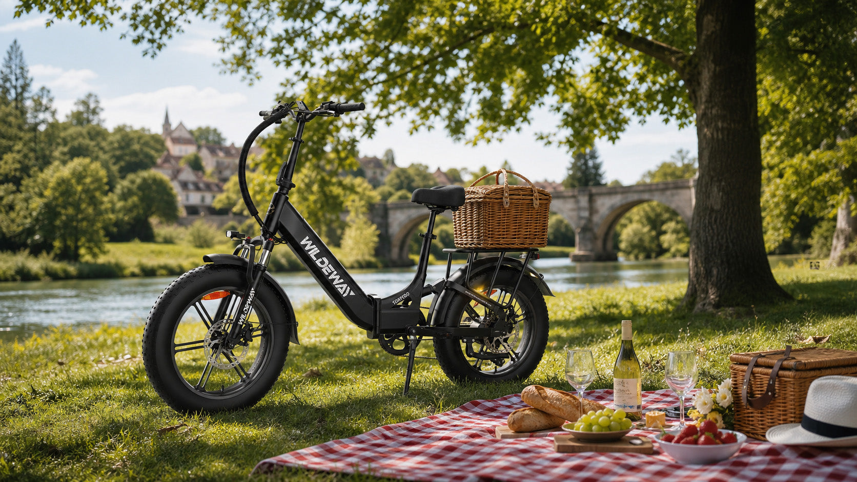 A black WILDEWAY Torpedo step-through e-bike parked on green park grass next to a checkered blanket and picnic food, showcasing the perfect summer lifestyle.