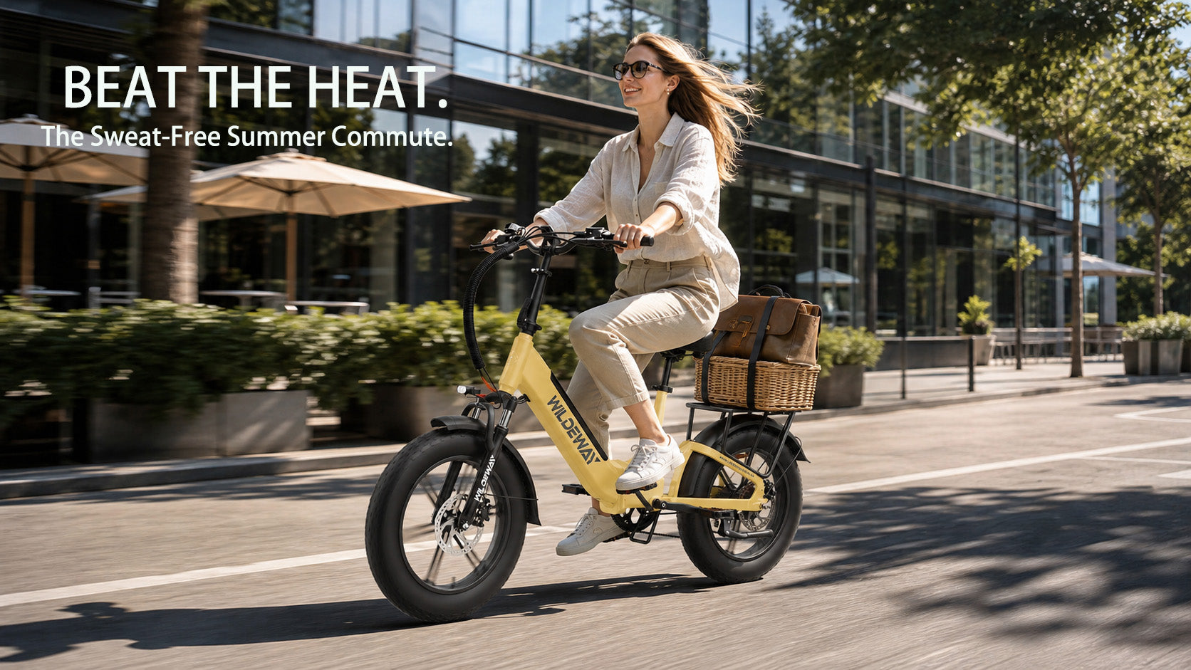 A professional commuter looking fresh and cool while riding a black WILDEWAY Torpedo step-through e-bike on a sunny summer city street.