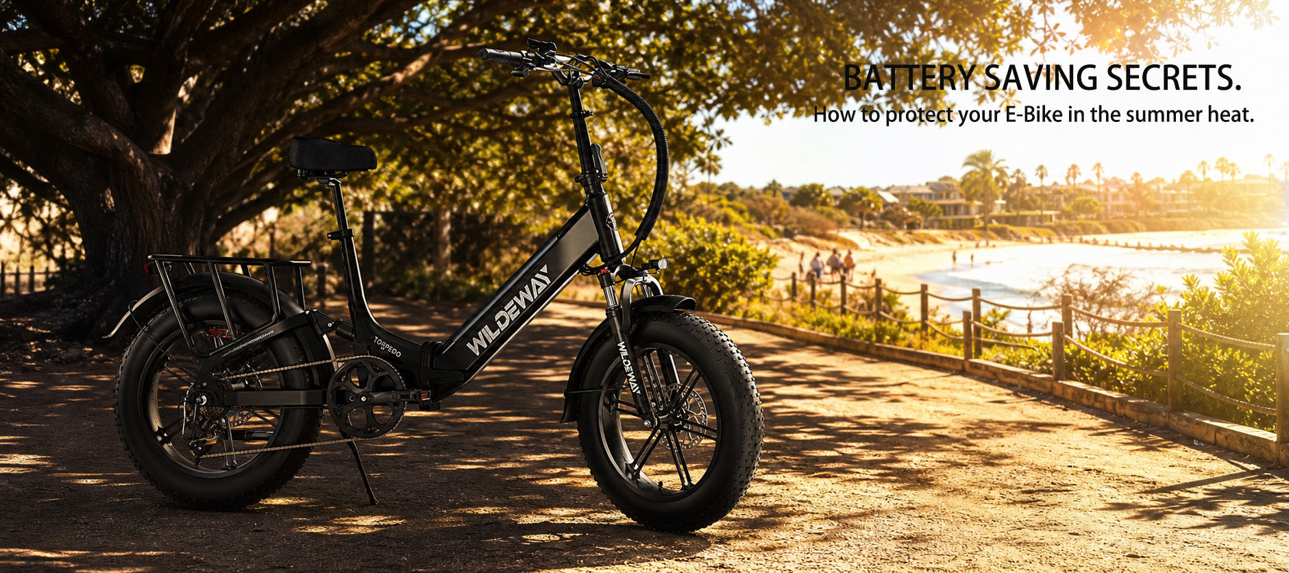 A black WILDEWAY Torpedo electric bike parked safely in the shade under a tree during a sunny summer day to protect its battery from extreme heat.