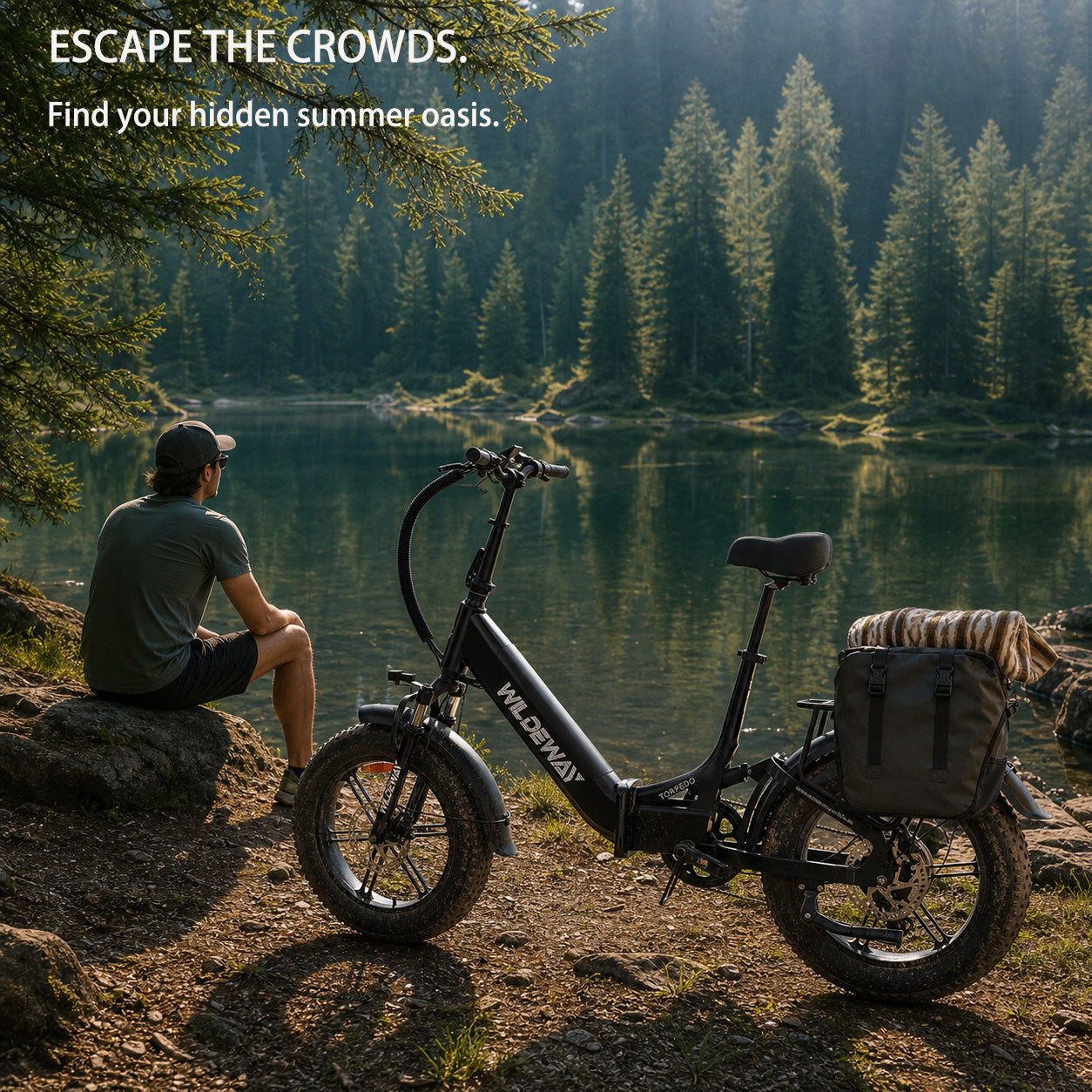 A black WILDEWAY Torpedo all-terrain fat tire e-bike parked next to a serene, empty forest lake, representing the perfect escape from crowded summer tourist traps.