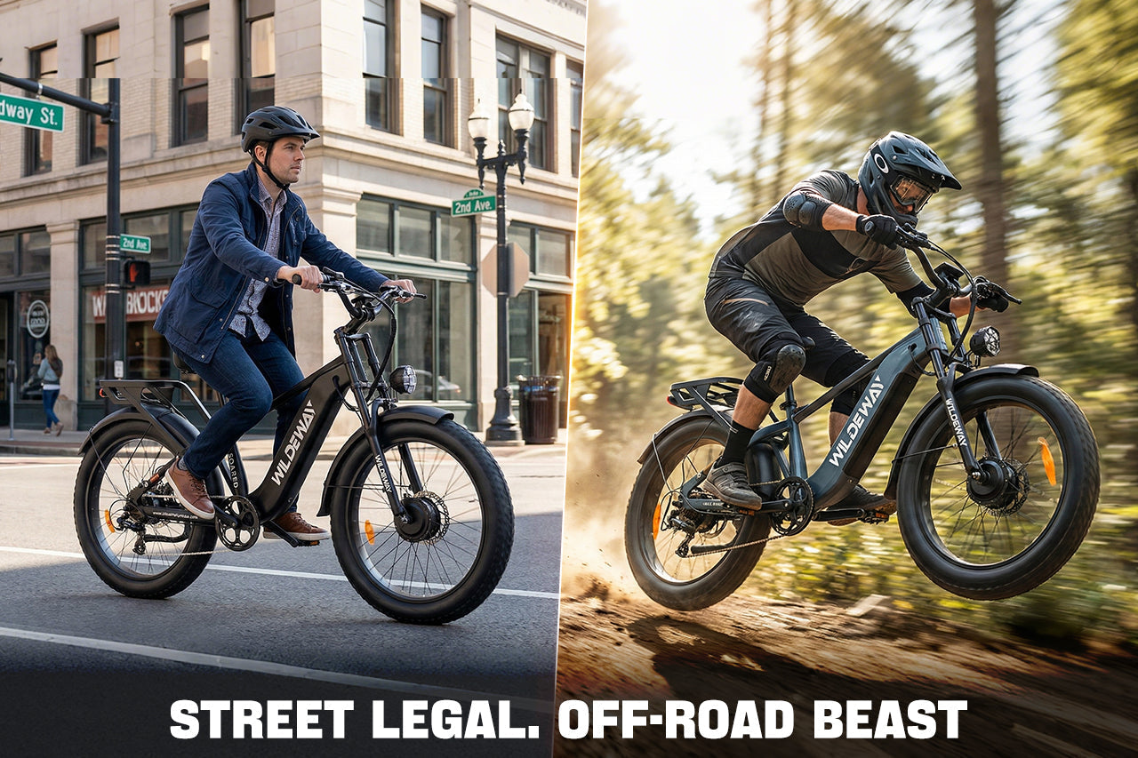 Wildeway Soared high-power electric bike riding legally on a European city street and off-road trail