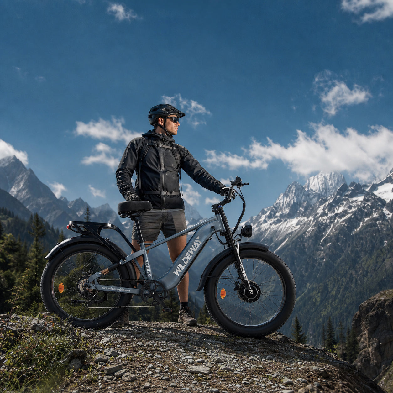 WILDEWAY SOARED AWD fat tire e-bike parked on a high mountain trail in the Alps.