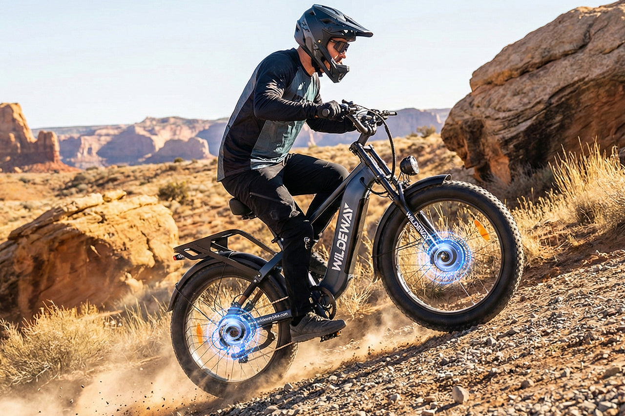 A technical illustration showing the dual motor all-wheel-drive (AWD) system of the Wildeway Soared e-bike, explaining its benefits over single motor systems