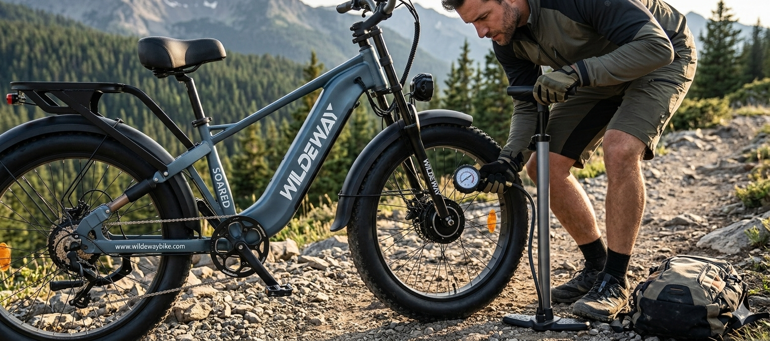 A rider using a pressure gauge pump to accurately set the tire pressure on a Wildeway Soared fat tire e-bike for optimal performance.