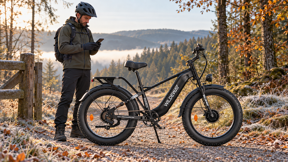 Rider checks a route beside a black WILDEWAY SOARED e-bike on a frosty woodland trail