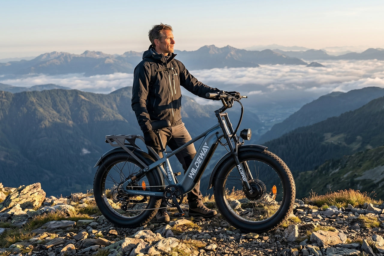 A man standing with his premium Wildeway Soared e-bike on a mountaintop, representing the investment in a healthier and more adventurous lifestyle.